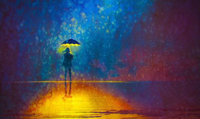 lonely woman under umbrella lights in the dark,digital painting